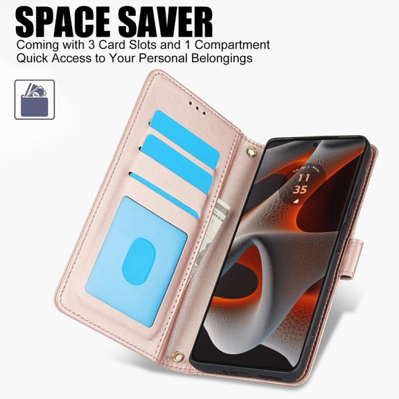 For Motorola Moto G Play 2024 Skin Feel Pure Color Card Slots Leather Phone Case with Dual Lanyard(Rose Gold)