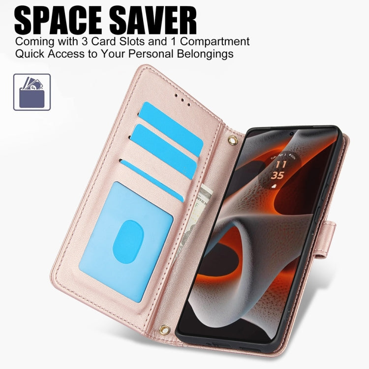 For Motorola Moto G Play 2024 Skin Feel Pure Color Card Slots Leather Phone Case with Dual Lanyard(Rose Gold)
