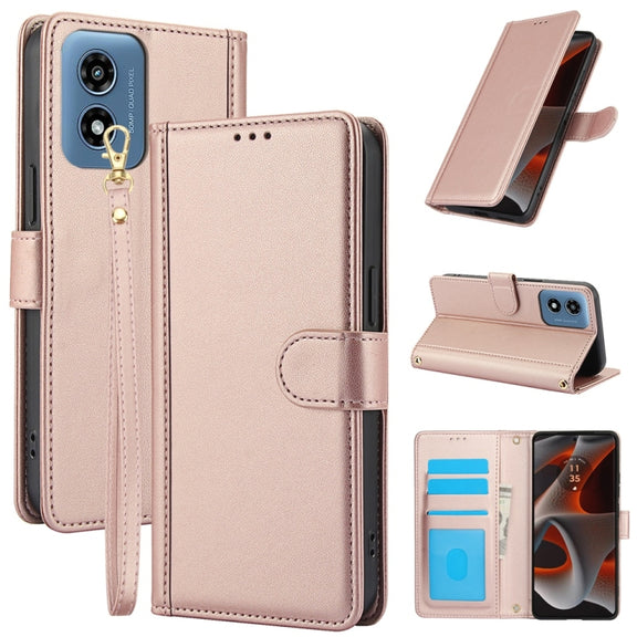 For Motorola Moto G Play 2024 Skin Feel Pure Color Card Slots Leather Phone Case with Dual Lanyard(Rose Gold)