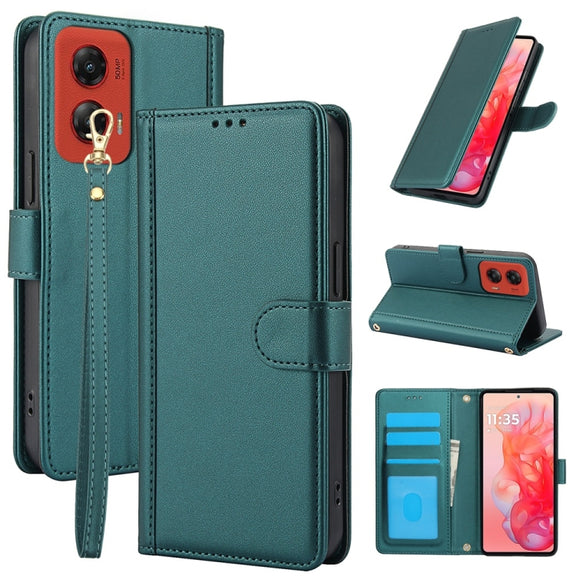 For Motorola Moto G Stylus 5G 2024 Skin Feel Pure Color Card Slots Leather Phone Case with Dual Lanyard(Green)