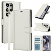 For Samsung Galaxy S25 Ultra 5G Skin Feel Pure Color Card Slots Leather Phone Case with Dual Lanyard(White)