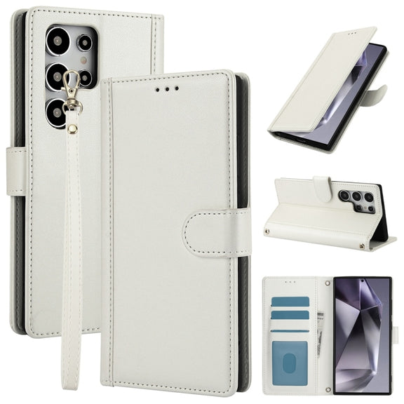 For Samsung Galaxy S25 Ultra 5G Skin Feel Pure Color Card Slots Leather Phone Case with Dual Lanyard(White)