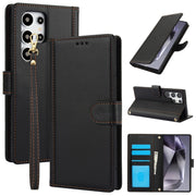 For Samsung Galaxy S25 Ultra 5G Skin Feel Pure Color Card Slots Leather Phone Case with Dual Lanyard(Black)