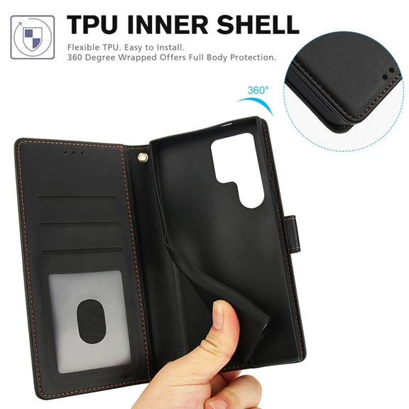 For Samsung Galaxy S25 Ultra 5G Skin Feel Pure Color Card Slots Leather Phone Case with Dual Lanyard(Black)