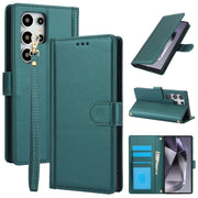 For Samsung Galaxy S25 Ultra 5G Skin Feel Pure Color Card Slots Leather Phone Case with Dual Lanyard(Green)