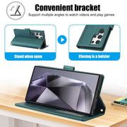 For Samsung Galaxy S25 Ultra 5G Skin Feel Pure Color Card Slots Leather Phone Case with Dual Lanyard(Green)