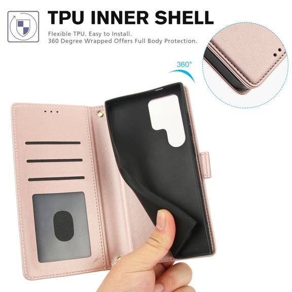 For Samsung Galaxy S25 Ultra 5G Skin Feel Pure Color Card Slots Leather Phone Case with Dual Lanyard(Rose Gold)