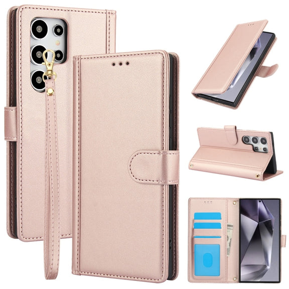 For Samsung Galaxy S25 Ultra 5G Skin Feel Pure Color Card Slots Leather Phone Case with Dual Lanyard(Rose Gold)