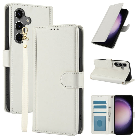 For Samsung Galaxy S25+ 5G Skin Feel Pure Color Card Slots Leather Phone Case with Dual Lanyard(White)