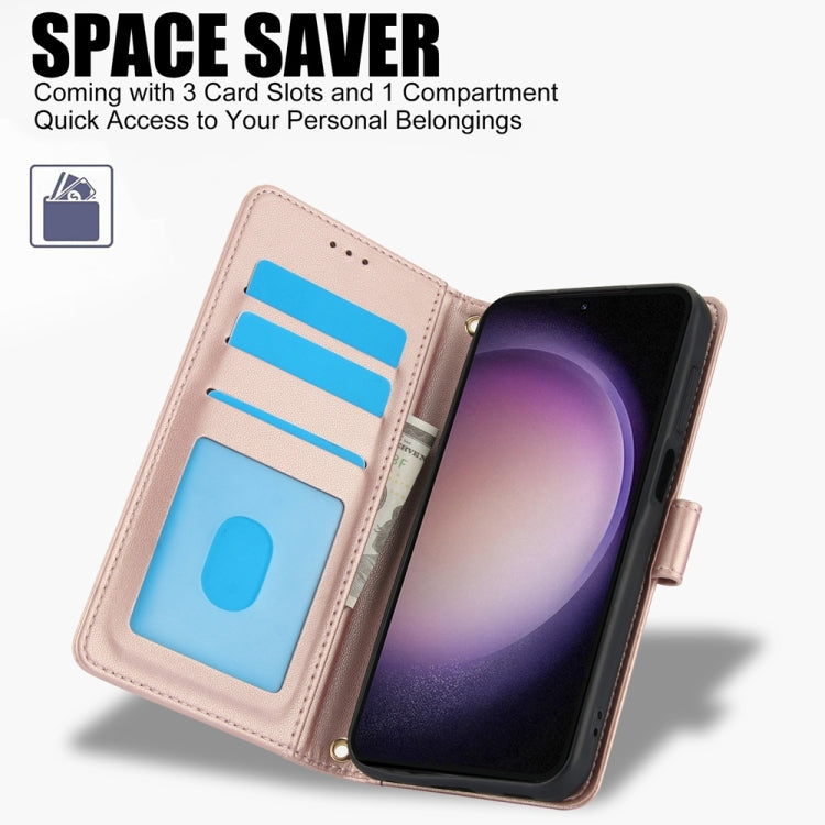 For Samsung Galaxy S25+ 5G Skin Feel Pure Color Card Slots Leather Phone Case with Dual Lanyard(Rose Gold)
