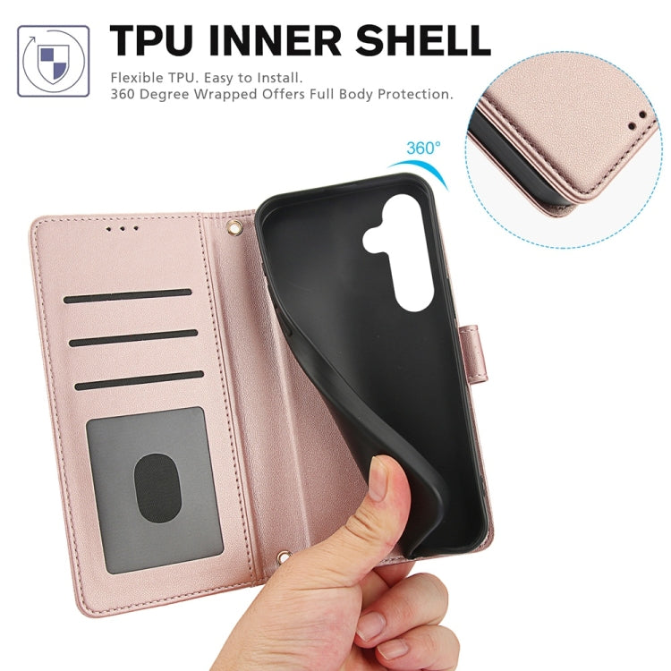 For Samsung Galaxy S25+ 5G Skin Feel Pure Color Card Slots Leather Phone Case with Dual Lanyard(Rose Gold)