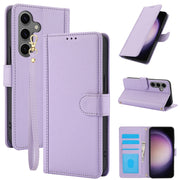 For Samsung Galaxy S25+ 5G Skin Feel Pure Color Card Slots Leather Phone Case with Dual Lanyard(Purple)