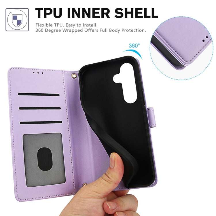 For Samsung Galaxy S25+ 5G Skin Feel Pure Color Card Slots Leather Phone Case with Dual Lanyard(Purple)
