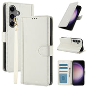 For Samsung Galaxy S25 5G Skin Feel Pure Color Card Slots Leather Phone Case with Dual Lanyard(White)
