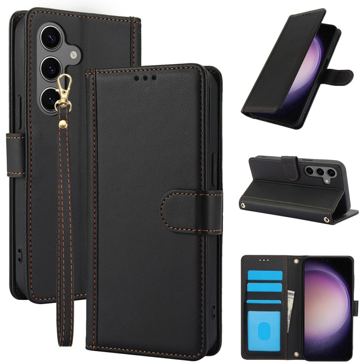 For Samsung Galaxy S25 5G Skin Feel Pure Color Card Slots Leather Phone Case with Dual Lanyard(Black) - Galaxy S25 5G Cases by PMC TechLife | Online Shopping South Africa | PMC TechLife | Buy Now Pay Later Mobicred
