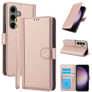 For Samsung Galaxy S25 5G Skin Feel Pure Color Card Slots Leather Phone Case with Dual Lanyard(Rose Gold)