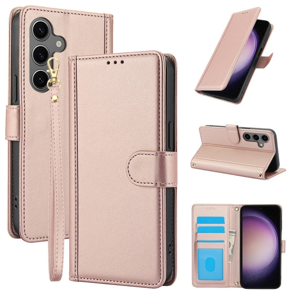For Samsung Galaxy S25 5G Skin Feel Pure Color Card Slots Leather Phone Case with Dual Lanyard(Rose Gold)