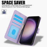 For Samsung Galaxy S25 5G Skin Feel Pure Color Card Slots Leather Phone Case with Dual Lanyard(Purple)