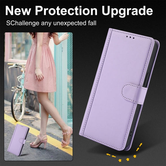 For Samsung Galaxy S25 5G Skin Feel Pure Color Card Slots Leather Phone Case with Dual Lanyard(Purple)