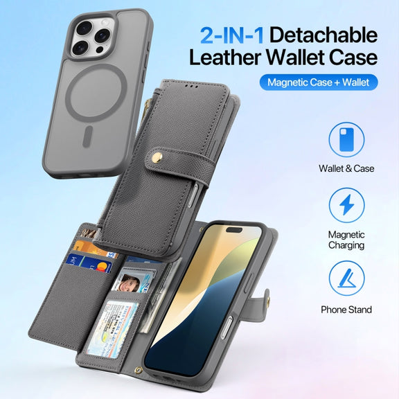 For iPhone 16 Pro Max DUX DUCIS Lawa Series 2 in 1 Wallet Zipper Detachable MagSafe Phone Case with Lanyard(Grey)