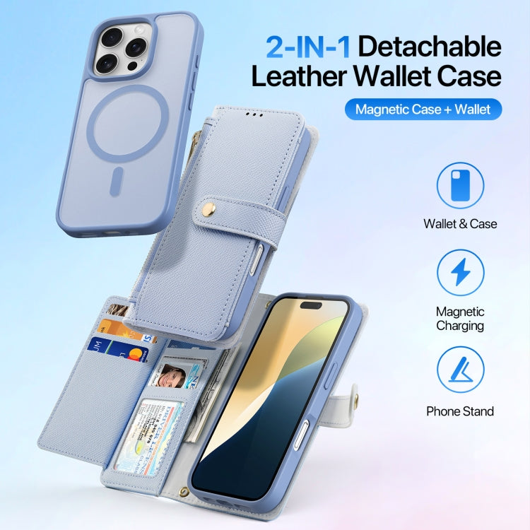 For iPhone 16 Pro Max DUX DUCIS Lawa Series 2 in 1 Wallet Zipper Detachable MagSafe Phone Case with Lanyard(Light Blue)