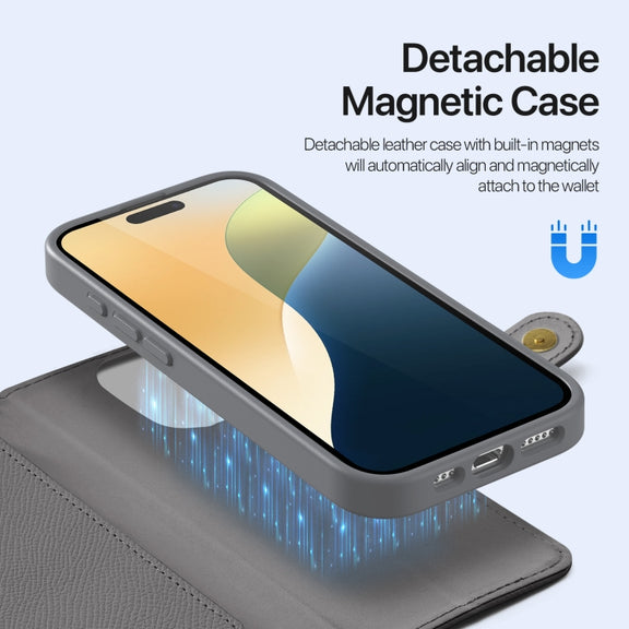 For iPhone 16 Pro DUX DUCIS Lawa Series 2 in 1 Wallet Zipper Detachable MagSafe Phone Case with Lanyard(Grey)