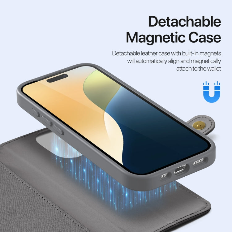 For iPhone 16 Pro DUX DUCIS Lawa Series 2 in 1 Wallet Zipper Detachable MagSafe Phone Case with Lanyard(Grey)