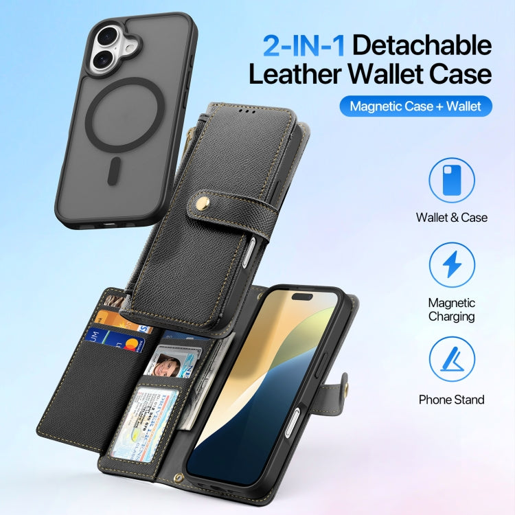 For iPhone 16 DUX DUCIS Lawa Series 2 in 1 Wallet Zipper Detachable MagSafe Phone Case with Lanyard(Black)