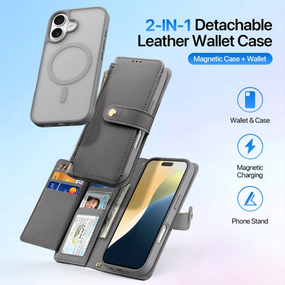 For iPhone 16 DUX DUCIS Lawa Series 2 in 1 Wallet Zipper Detachable MagSafe Phone Case with Lanyard(Grey)