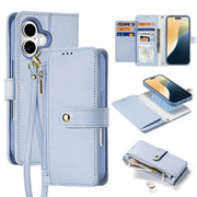 For iPhone 16 DUX DUCIS Lawa Series 2 in 1 Wallet Zipper Detachable MagSafe Phone Case with Lanyard(Light Blue)