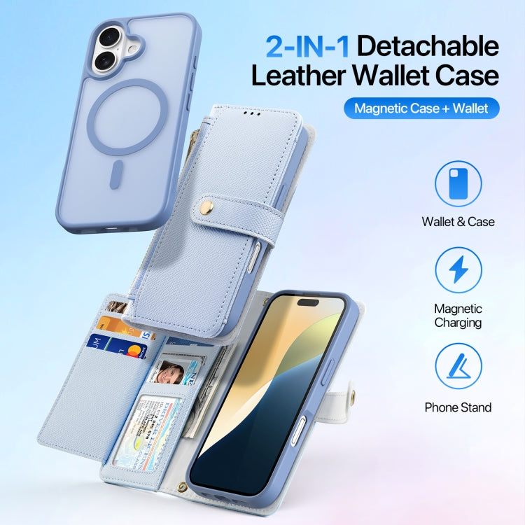 For iPhone 16 DUX DUCIS Lawa Series 2 in 1 Wallet Zipper Detachable MagSafe Phone Case with Lanyard(Light Blue)