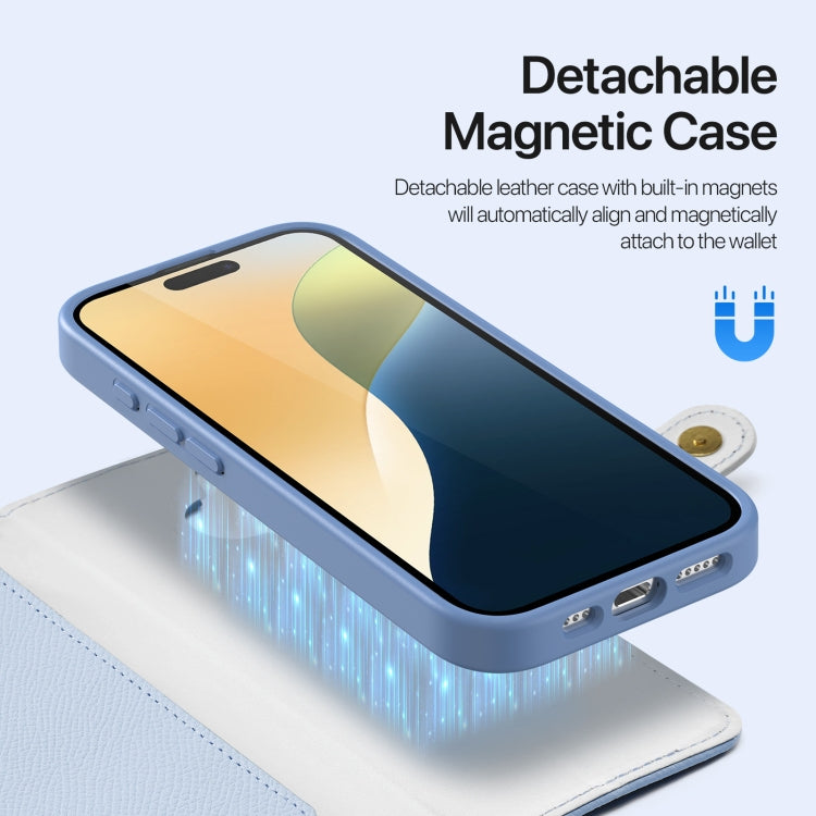 For iPhone 16 DUX DUCIS Lawa Series 2 in 1 Wallet Zipper Detachable MagSafe Phone Case with Lanyard(Light Blue)