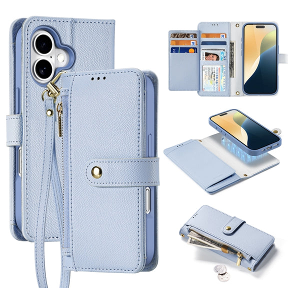 For iPhone 16 DUX DUCIS Lawa Series 2 in 1 Wallet Zipper Detachable MagSafe Phone Case with Lanyard(Light Blue)