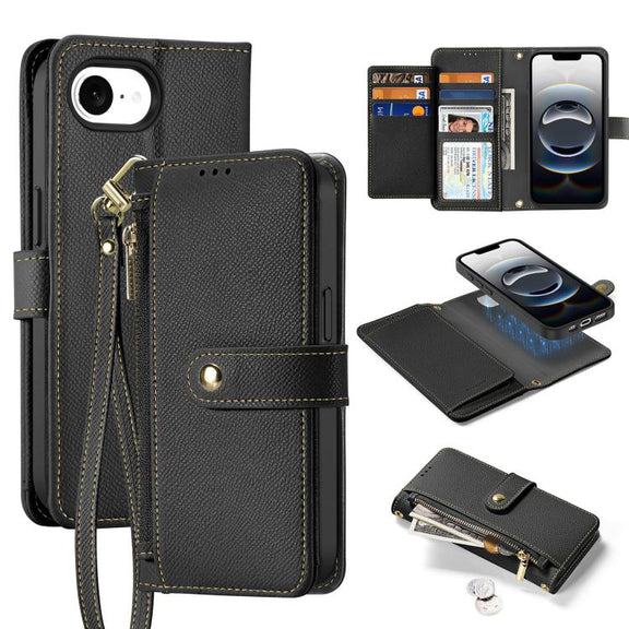 For iPhone 16e DUX DUCIS Lawa Series 2 in 1 Wallet Zipper Detachable MagSafe Phone Case with Lanyard(Black)