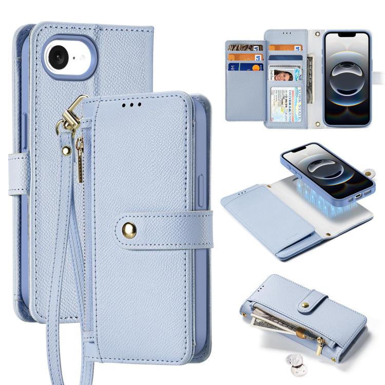 For iPhone 16e DUX DUCIS Lawa Series 2 in 1 Wallet Zipper Detachable MagSafe Phone Case with Lanyard(Light Blue) - free shipping - PMC TechLife - Order now!
