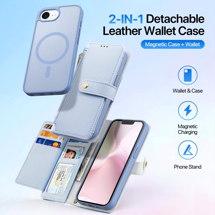 For iPhone 16e DUX DUCIS Lawa Series 2 in 1 Wallet Zipper Detachable MagSafe Phone Case with Lanyard(Light Blue) - free shipping - PMC TechLife - Order now!