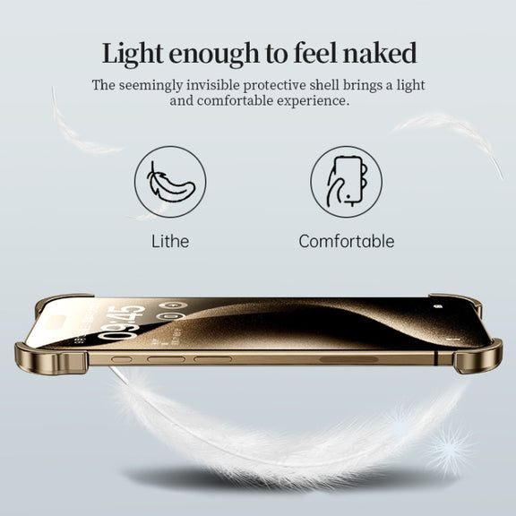 For iPhone 16 Frameless Metal Corner Pad Phone Case with Lens Film(Purple)