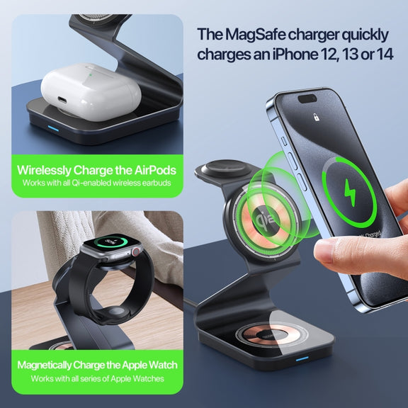 DUZZONA W21 Qi2 15W 3 in 1 Magnetic Wireless Charger Stand(Black)