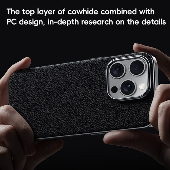 For iPhone 16 First Layer Cowhide Leather Electroplated PC Phone Case(Black)