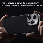 For iPhone 16 Pro Max First Layer Cowhide Leather Electroplated PC Phone Case(Orange)