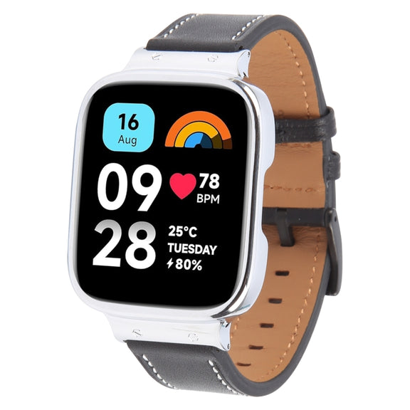 For Redmi Watch 3 Lite Metal Frame Integrated Leather Watch Band(Black)