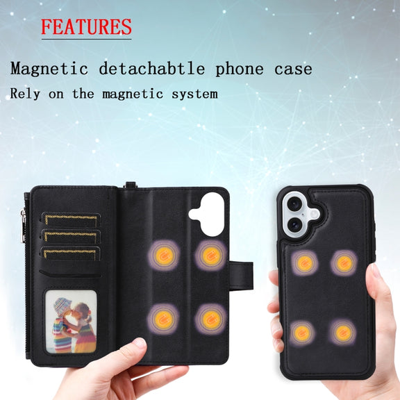 For iPhone 16 Plus Solid Color 2 in 1 Zipper Shockproof Phone Case(Black)