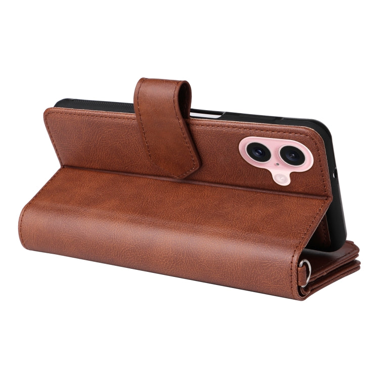 For iPhone 16 Solid Color 2 in 1 Zipper Shockproof Phone Case(Brown)