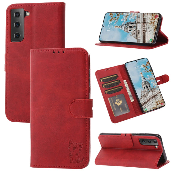 For Samsung Galaxy S25 5G Embossed Happy Cat Pattern Flip Leather Phone Case(Red)
