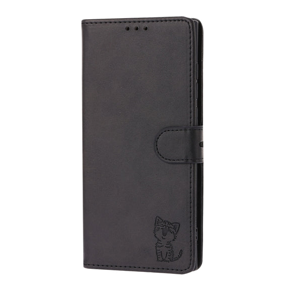For Samsung Galaxy S25 Ultra 5G Embossed Happy Cat Pattern Flip Leather Phone Case(Black)