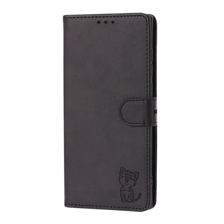 For Samsung Galaxy S25 Ultra 5G Embossed Happy Cat Pattern Flip Leather Phone Case(Black)