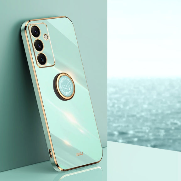 For Samsung Galaxy S24 FE 5G XINLI Straight 6D Plating Gold Edge TPU Shockproof Case with Ring Holder(Mint Green)