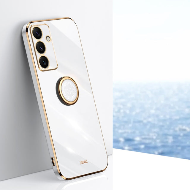 For Samsung Galaxy S24 FE 5G XINLI Straight 6D Plating Gold Edge TPU Shockproof Case with Ring Holder(White)