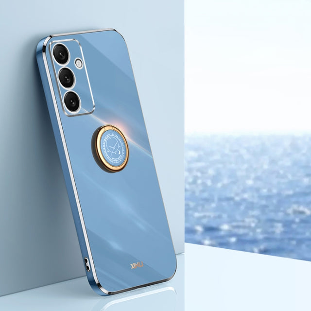 For Samsung Galaxy S24 FE 5G XINLI Straight 6D Plating Gold Edge TPU Shockproof Case with Ring Holder(Celestial Blue)