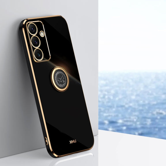 For Samsung Galaxy S24 FE 5G XINLI Straight 6D Plating Gold Edge TPU Shockproof Case with Ring Holder(Black)